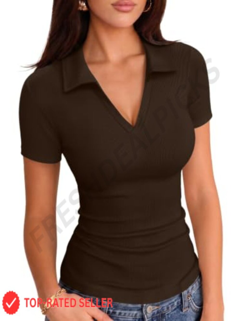 Ribbed Knit Polo Shirt Short Sleeve V-Neck Slim Fitted Collared Top